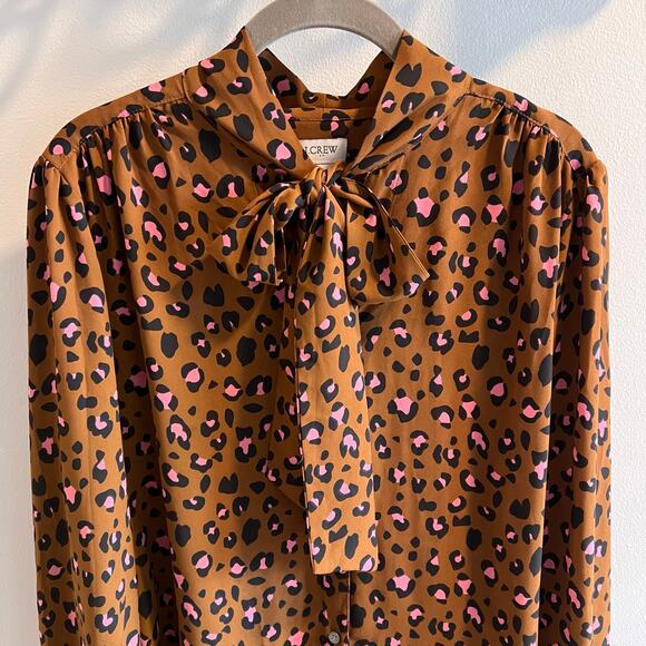 J. Crew Leopard Print Button Front Bow Tie Blouse Size L - Picture 2 of 8